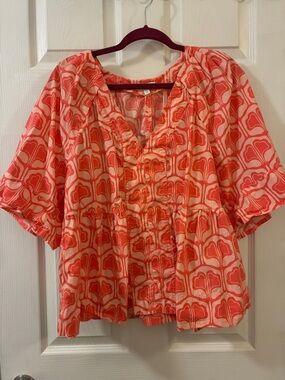 crown & ivy Coral and Cream Patterned Peasant Blouse